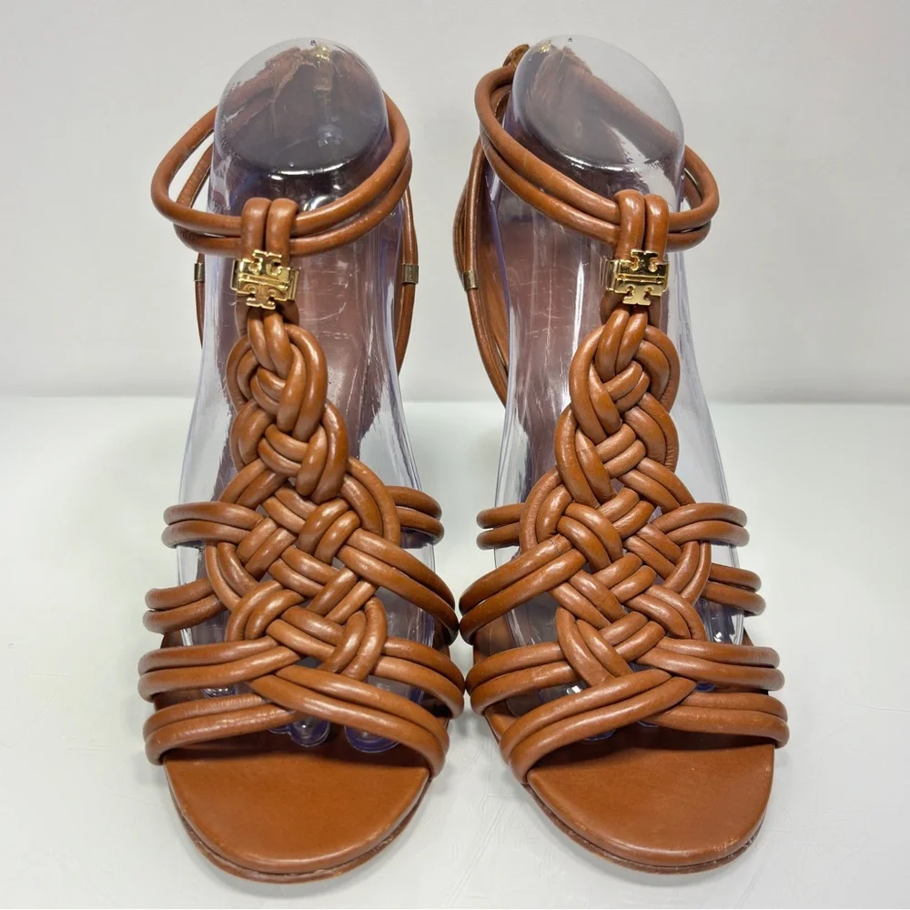 Tory Burch Brown Strappy Braided Leather Heels Size 8.5